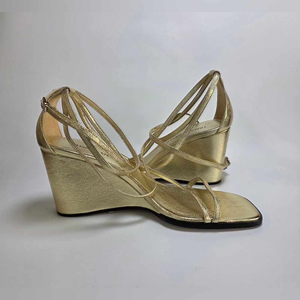 Tamara Mellon Nappa Metallic Gold Strappy Wedge Heels Size 40.5 - Picture 4 of 16